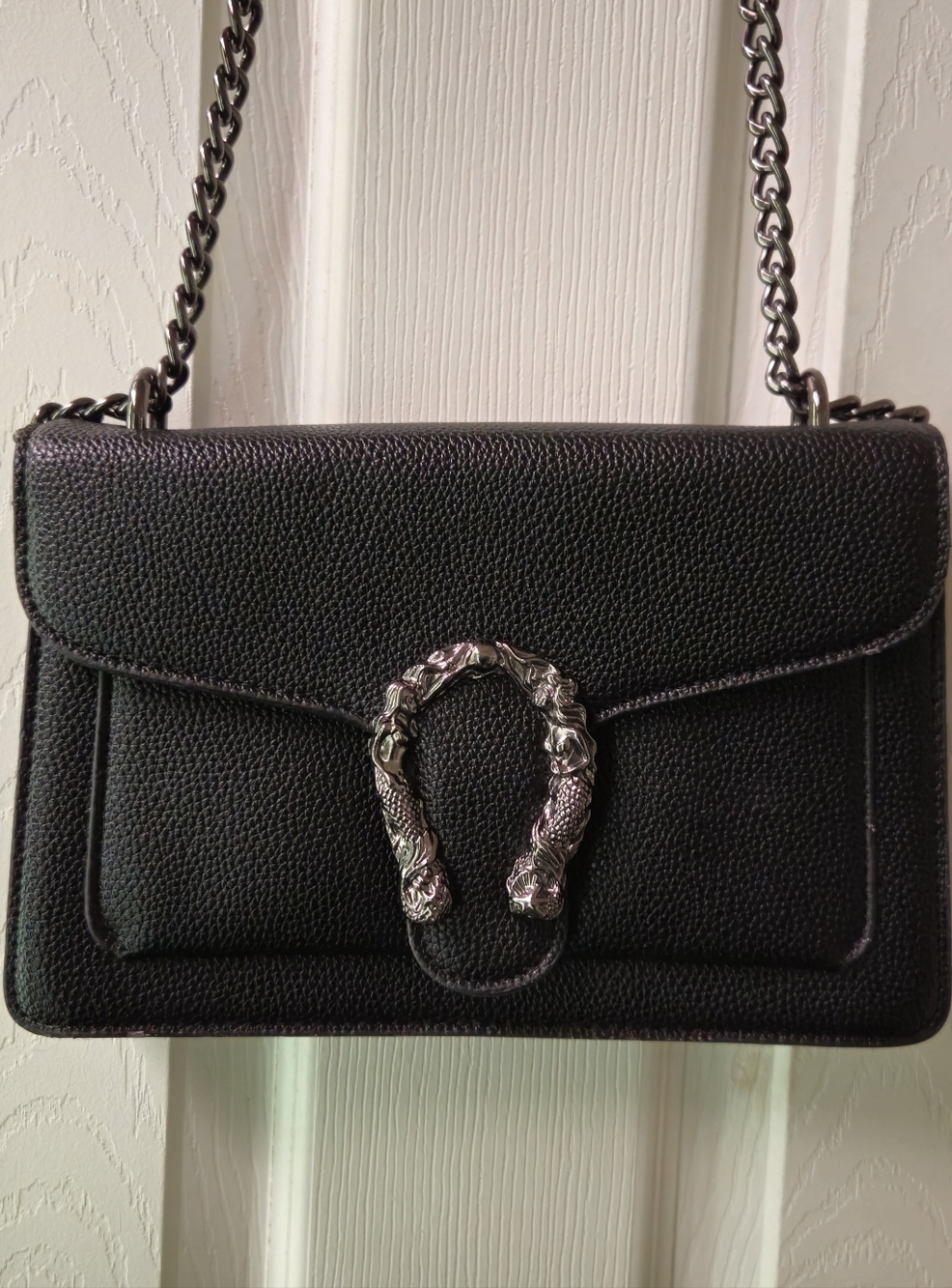 Black Pebble Leather Chain Shoulder Bag with Silver-Tone Hardware - Picture 2 of 12